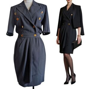 Escada Navy  💯 Virgin Wool Tailored Double Breast Wrap Effect Dress Small
